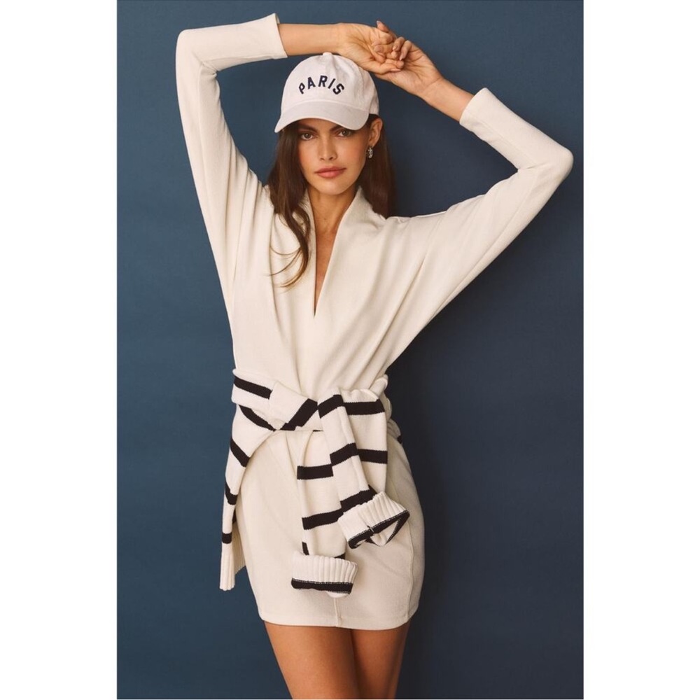 Anthropologie Daily Practice Plunge V Neck Ivory Long Sleeve Dress Large NWT